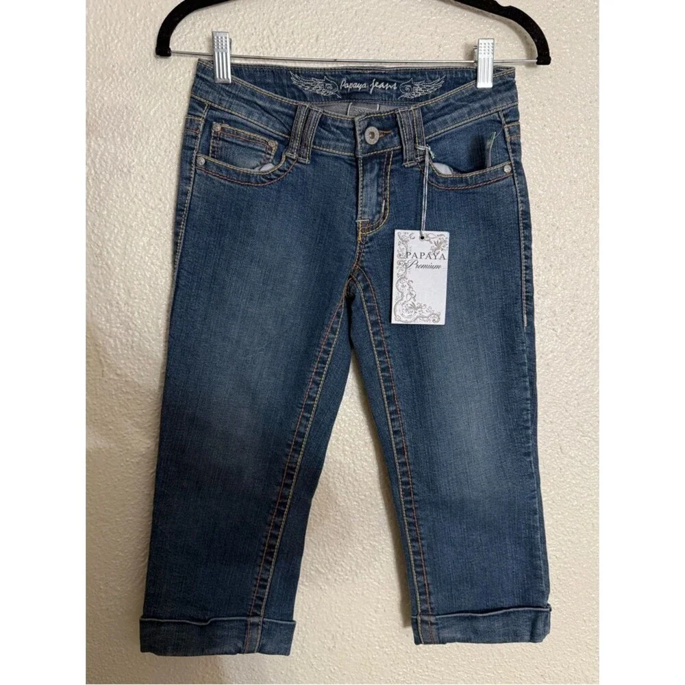 Y2K Papaya Denim Capri Jeans Low Rise Stretch Embroidered Back Pockets Size 3